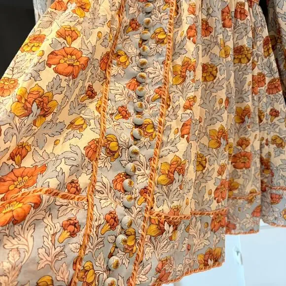 Zimmermann Andie Buttoned Floral Linen Mini Dress Long Sleeve 3 Large - Picture 10 of 16
